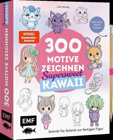 "300 Motive zeichnen, Supersweet Kawaii." Niedliche Figuren im Kawaii-Stil, Pastellfarben und ein Stift sind gezeigt.