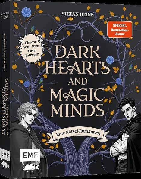 "Dark Hearts and Magic Minds", "Choose Your Own Love Interest!", "Eine Rätsel-Romantasy", mit zwei gezeichneten Figuren.