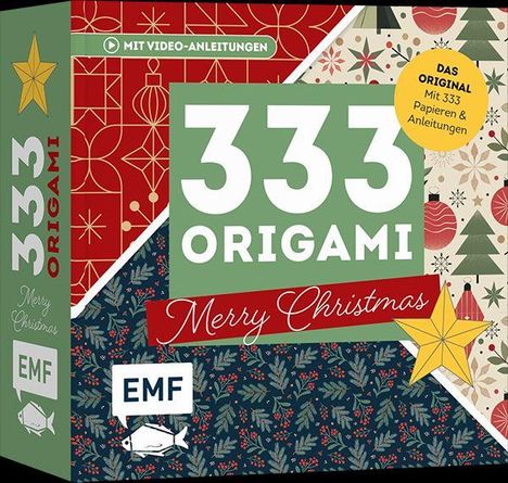 Text: "333 ORIGAMI Merry Christmas", "Mit Video-Anleitungen", "Das Original", "EFM". Weihnachtsmotive in roten, grünen Farben.