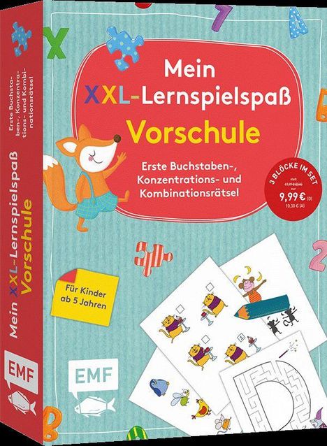 „Mein XXL-Lernspielspaß Vorschule“ auf rotem Schild. Illustration: Fuchs springt fröhlich. Geeignet ab 5 Jahren.