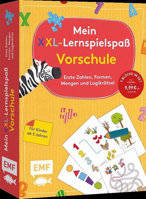 "Mein XXL-Lernspielspaß Vorschule", "Erste Zahlen, Formen, Mengen und Logikrätsel", "3 Blöcke im Set", "Für Kinder ab 5 Jahren." Eine bunte Box mit einem Zebra und Lernkarten.