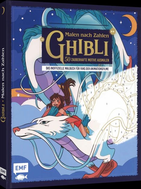 „Malen nach Zahlen Ghibli. 50 zauberhafte Motive ausmalen.“ Illustrativer Stil; zeigt fliegenden Drachen und Mädchen.