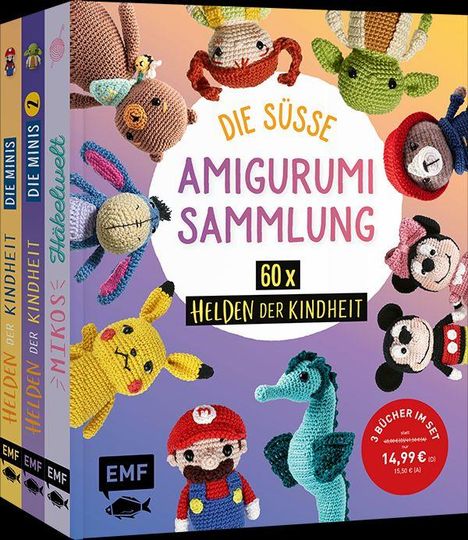 „Die süße Amigurumi Sammlung: 60x Helden der Kindheit.“ Drei bunte Bücher mit gehäkelten Figuren wie Mario und Pikachu.