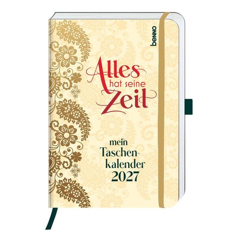Text: "Alles hat seine Zeit, mein Taschenkalender 2027". Verzierte florale Muster auf einem cremefarbenen Hintergrund.