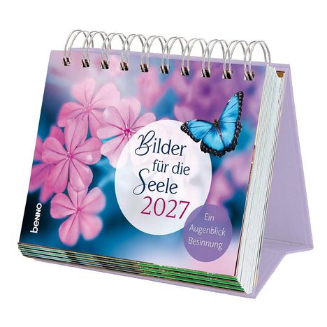 "Bilder für die Seele 2027", "Ein Augenblick Besinnung". Lila-Blumen und ein blauer Schmetterling, Tischkalender.