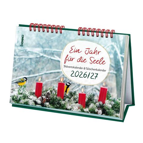 "Ein Jahr für die Seele. Advents- & Wochenkalender 2026/27." Rote Kerzen und Vögel auf verschneiten Zweigen.