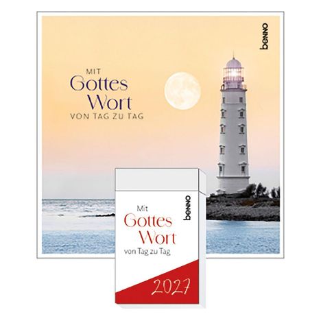 „Mit Gottes Wort von Tag zu Tag 2027“. Ein Leuchtturm mit Meer und Vollmond im Hintergrund.