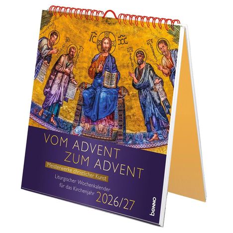 "Vom Advent zum Advent, Meisterwerke christlicher Kunst, Liturgischer Wochenkalender für das Kirchenjahr 2026/27." Eine religiöse Illustration mit Figuren auf goldenem Hintergrund.