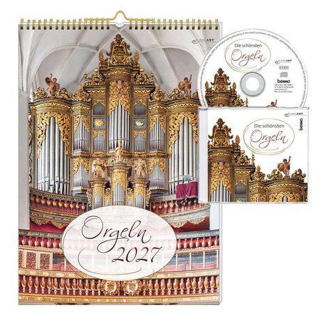 „Die schönsten Orgeln 2027“. Prunkvolle Orgel mit goldenen Verzierungen. Kalender und CD-Hülle im Hintergrund.