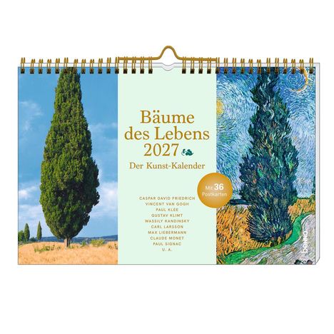 "Bäume des Lebens 2027 - Der Kunst-Kalender. Mit 36 Postkarten. Links: Foto einer Zypresse. Rechts: Van-Gogh-Stil Baum."