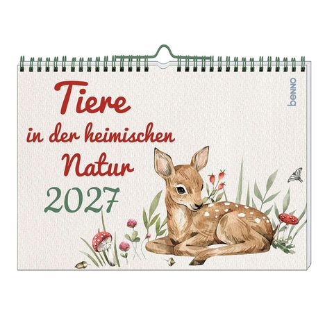 "Tiere in der heimischen Natur 2027" in roter und grüner Schrift. Ein liegendes Rehkitz, umgeben von Gräsern und Pilzen.