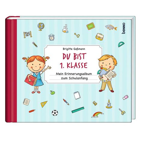„Du bist 1. Klasse, Mein Erinnerungsalbum zum Schulanfang.“ Illustration mit einem Mädchen und Jungen, umgeben von Schulsymbolen.