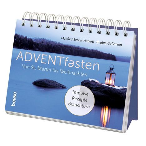 Titel: "ADVENTfasten - Von St. Martin bis Weihnachten". Laterne leuchtet auf einem Felsen am Wasser.