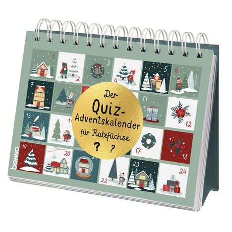 „Der Quiz-Adventskalender für Ratefüchse“ auf einem goldenen Kreis. Illustrationen mit weihnachtlichen Motiven, nummeriert 1 bis 24.