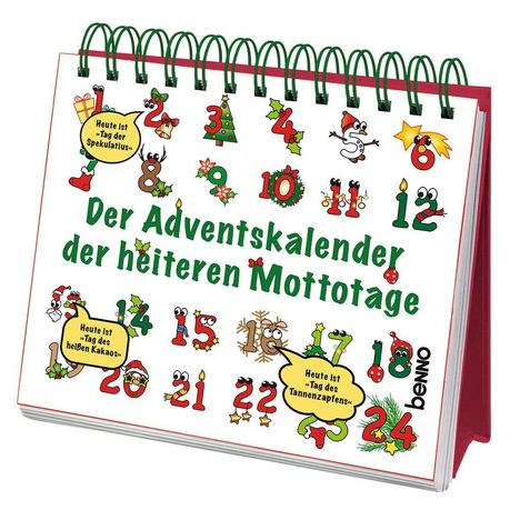 "Der Adventskalender der heiteren Mottotage" mit bunten Zahlen und witzigen Illustrationen, z. B. Tannenbaum und Nikolaus.