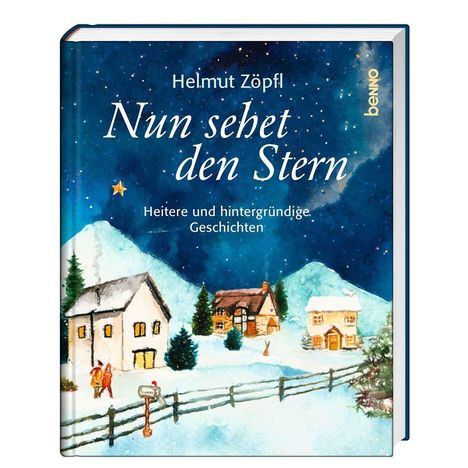 „Nun sehet den Stern“, winterliche Dorfkulisse mit schneebedeckten Häusern vor einem sternklaren Himmel.
