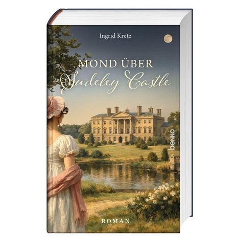 „Mond über Sudeley Castle“ von Ingrid Kretz. Eine Frau in historischer Kleidung steht vor einem Schloss an einem See.