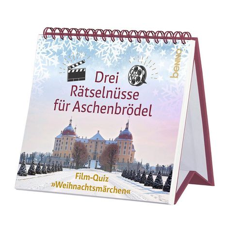 „Drei Haselnüsse für Aschenbrödel“ und „Film-Quiz Weihnachtsmärchen“. Ein verschneites Schloss mit Bäumen im Vordergrund.