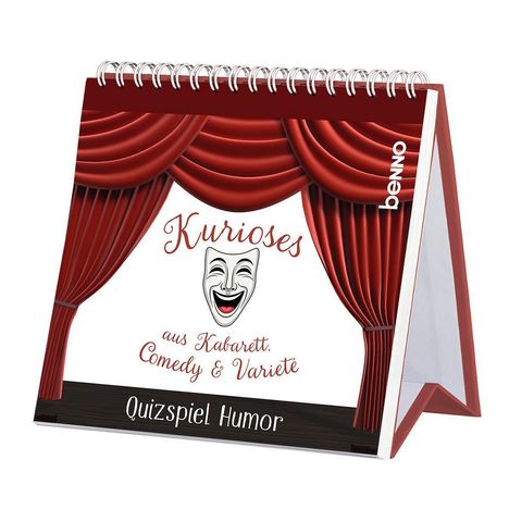 "Kurioses aus Kabarett, Comedy & Varieté. Quizspiel Humor." Ein aufgeschlagenes Buch mit roten Vorhängen und Maske.