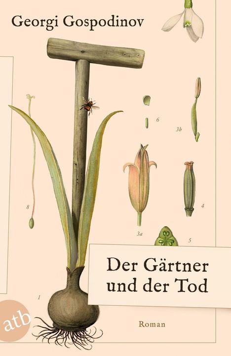 "Der Gärtner und der Tod" von Georgi Gospodinov, darunter botanische Illustrationen mit einer Blume und einem Spaten.