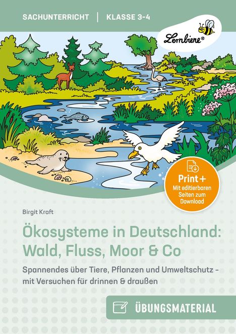 Ökosysteme in Deutschland: Wald, Fluss, Moor & Co. Illustration mit Wald, Fluss, Tieren. Logo mit Biene oben rechts.