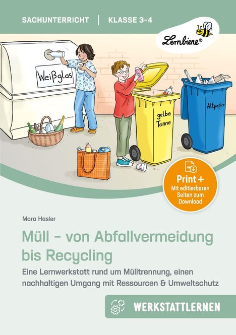 „Weiβglas“, „gelbe Tonne“, „Altpapier“. Kinder trennen Müll in Glas-, Plastik-, und Papiercontainer. Illustration.