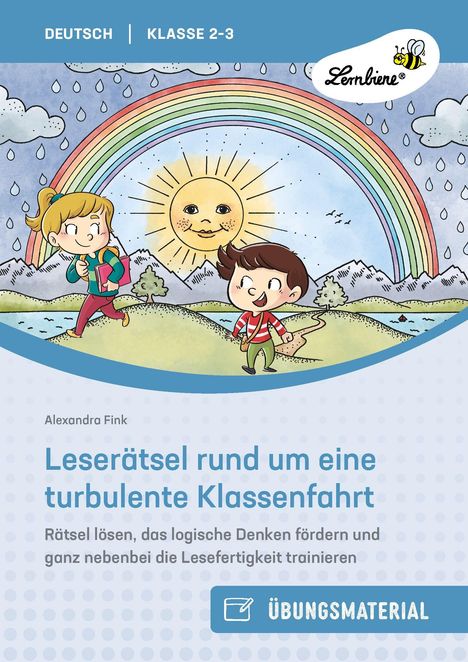 Deutsch | Klasse 2-3. Leserätsel für Klassenfahrt. Zwei Kinder, glückliche Sonne, Regenbogen und Regentropfen. Logo: Lernbiene.