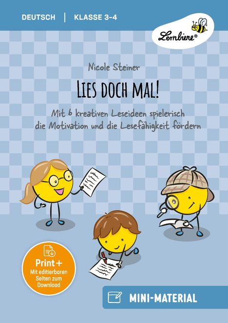 DEUTSCH | KLASSE 3-4. LIES DOCH MAL! Figuren mit Sonnengesichtern lesen und schreiben. Logo: Lernbiene.