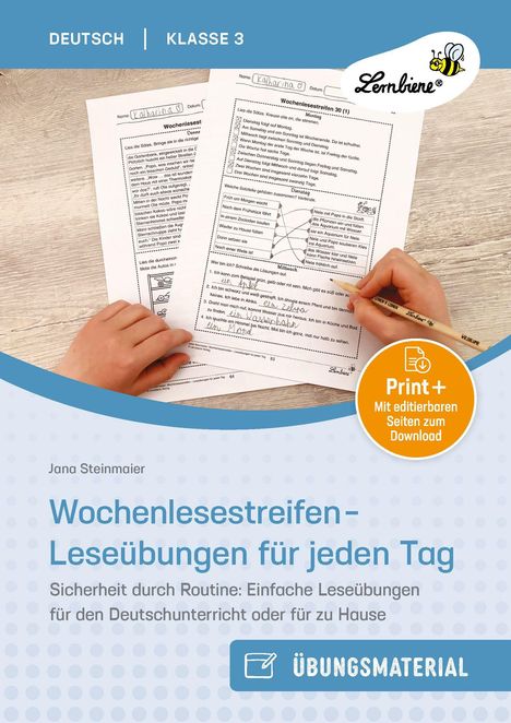 DEUTSCH | KLASSE 3, Wochenlesestreifen - Leseübungen für jeden Tag, Übungsmaterial. Eine Hand schreibt.