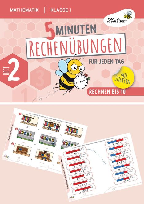 "5 Minuten Rechenübungen", Heft 2, für jeden Tag, mit Stickern, Rechnen bis 10. Biene mit Stoppuhr. Tabellen und Aufgaben.