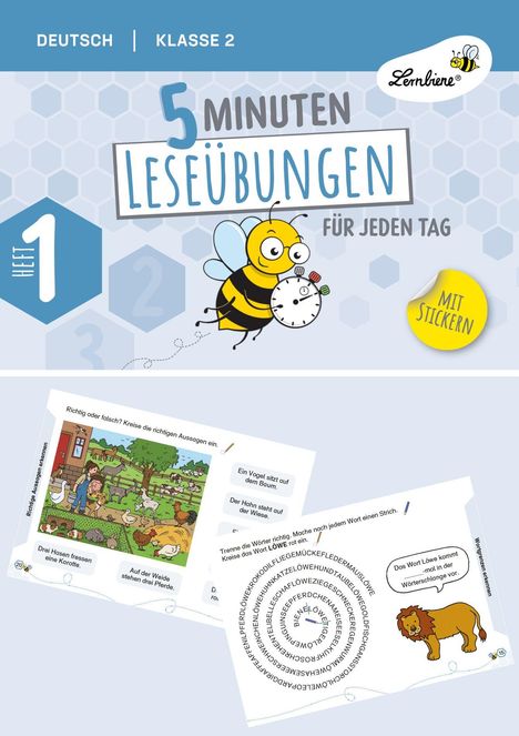 DEUTSCH KLASSE 2 HEFT 1. 5 Minuten Leseübungen. Illustration: Biene mit Wecker, blau-gelbes Design, Sticker-Hinweis.