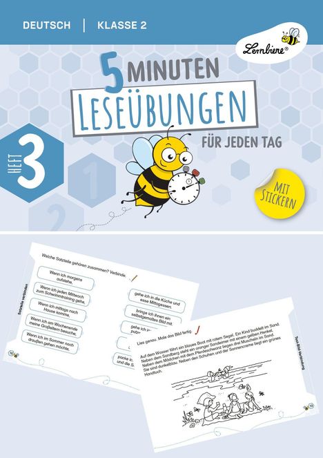 DEUTSCH KLASSE 2, 5 MINUTEN LESEÜBUNGEN, HEFT 3. Biene mit Stoppuhr, „MIT STICKERN“ auf gelbem Hintergrund.