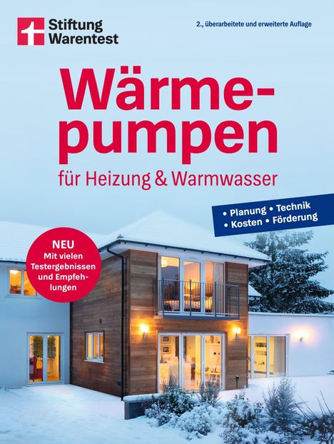 „Wärmepumpen für Heizung & Warmwasser“ steht in großer Schrift. Darunter ein modernes, schneebedecktes Haus.