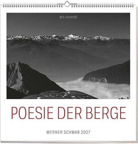 "POESIE DER BERGE" in großen roten Buchstaben. Darunter "WERNER SCHWAB 2027". Schwarz-weißes Bergpanorama.