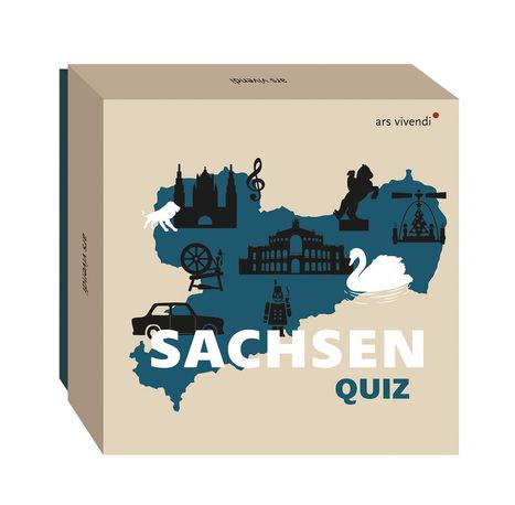 „SACHSEN QUIZ“ in großen Buchstaben. Darunter eine stilisierte Karte Sachsens mit kulturellen und historischen Symbolen.