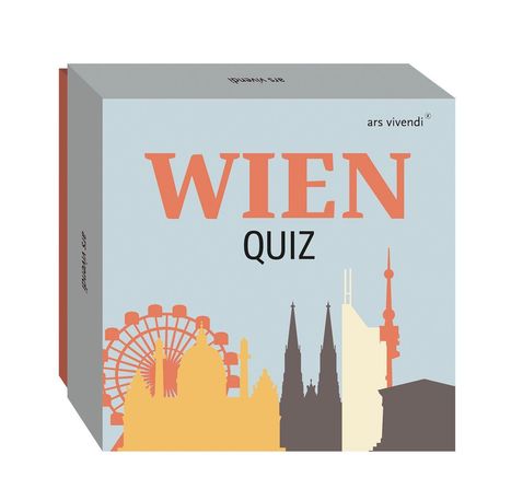 Text „WIEN QUIZ“ und „ars vivendi“. Silhouetten von Wiener Sehenswürdigkeiten, darunter ein Riesenrad.