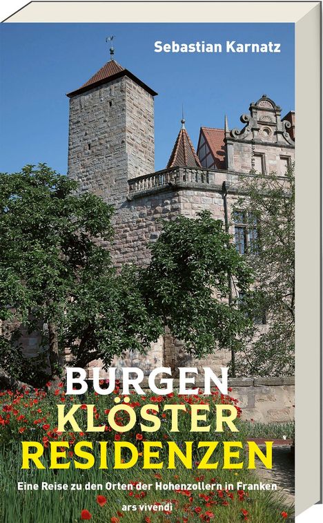 "Burgen Klöster Residenzen" in Weiß und Gelb. Hintergrund zeigt eine historische Steinburg mit grünem Laub.