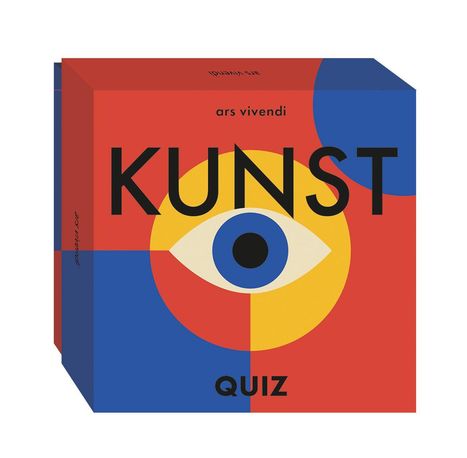 "ars vivendi", "KUNST", "QUIZ" auf einer bunten, geometrischen Verpackung mit einem stilisierten Auge in der Mitte.