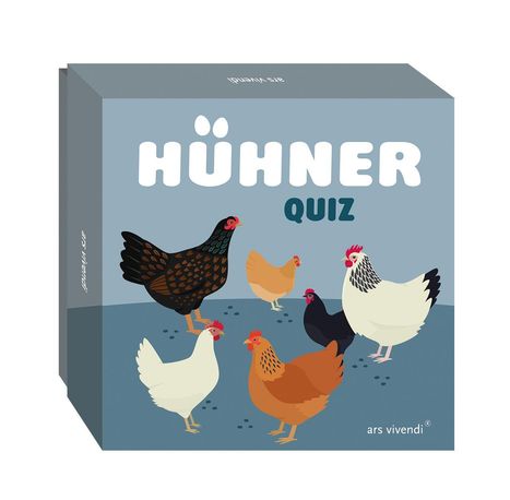 "HÜHNER QUIZ" in großen Buchstaben, darunter Illustrationen von sechs Hühnern in verschiedenen Farben und Größen.