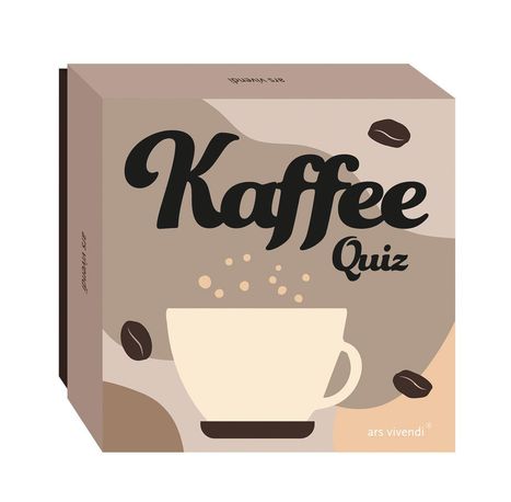 Text: „Kaffee Quiz, ars vivendi“. Illustration einer Kaffeetasse mit Bohnen auf beigem Hintergrund.
