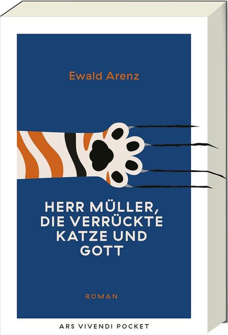 Text: "Ewald Arenz", "Herr Müller, die verrückte Katze und Gott", "Roman", "ARS VIVENDI POCKET". Illustration einer Katzenpfote.