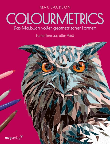 MAX JACKSON, COLOURMETRICS, Malbuch mit Formen, Bunte Tiere. Geometrische Eule in Zahlenfeldern, bunte Stifte links.