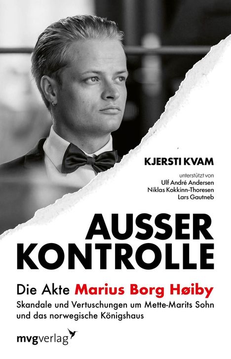 „AUSSER KONTROLLE“, Porträt eines Mannes im Anzug. Text über Skandale um Marius Borg Høiby und das norwegische Königshaus.