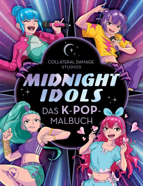 „MIDNIGHT IDOLS: DAS K-POP-MALBUCH“, vier bunte Manga-Figuren mit Mikrofonen in dynamischen Posen.