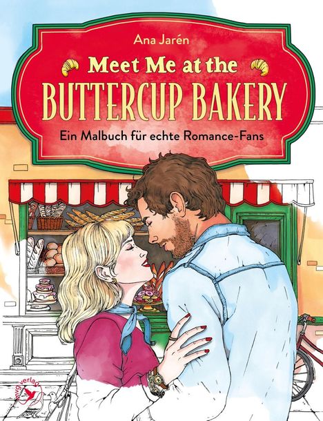 "Meet Me at the Buttercup Bakery. Ein Malbuch für echte Romance-Fans." Illustration von Paar vor einer Bäckerei.