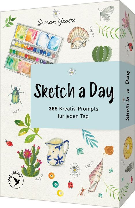"Sketch a Day: 365 Kreativ-Prompts für jeden Tag". Aquarellfarben, Muscheln, Pflanzen, Insekten. Kunstvolle, bunte Illustration.
