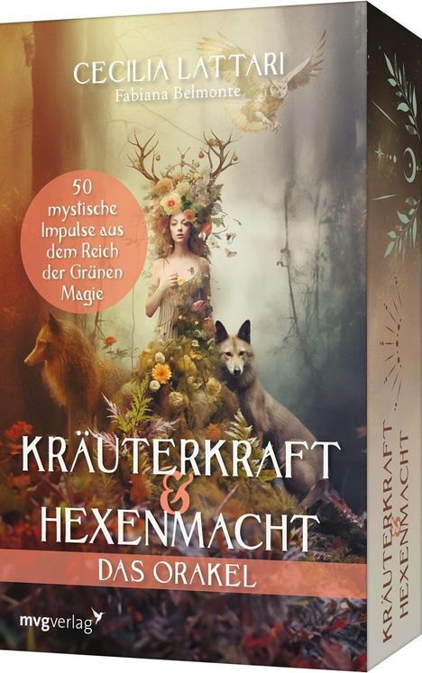 "Kräuterkraft & Hexenmacht: Das Orakel. 50 mystische Impulse aus dem Reich der Grünen Magie." Eine Frau, Füchse, Blumen.