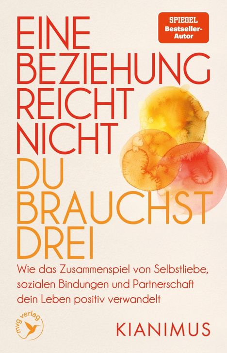 Texte: "EINE BEZIEHUNG REICHT NICHT DU BRAUCHST DREI", darunter Aquarellkreise in Orange und Rot.