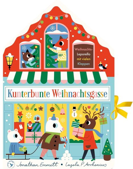 "Kunterbunte Weihnachtsgasse", "Weihnachts-Leporello mit vielen Klappen". Illustration: Tiere dekorieren, Geschenke, Schneemänner.