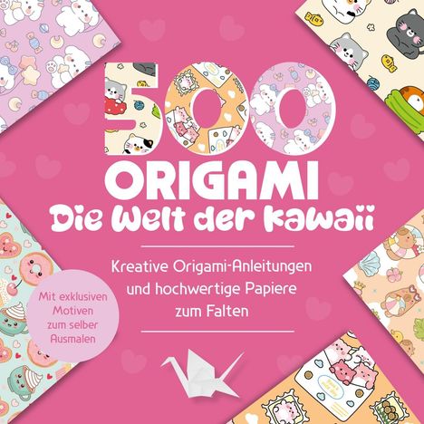 Text: "500 Origami Die Welt der Kawaii. Kreative Origami-Anleitungen und hochwertige Papiere zum Falten. Mit exklusiven Motiven zum selber Ausmalen." Hintergrund: Rosa mit herzförmigen Mustern und mehreren bunten Kawaii-Designs.